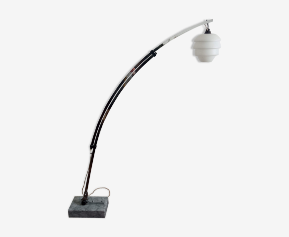 Lampadaire arc vintage 1970 marbre, chrome et opaline