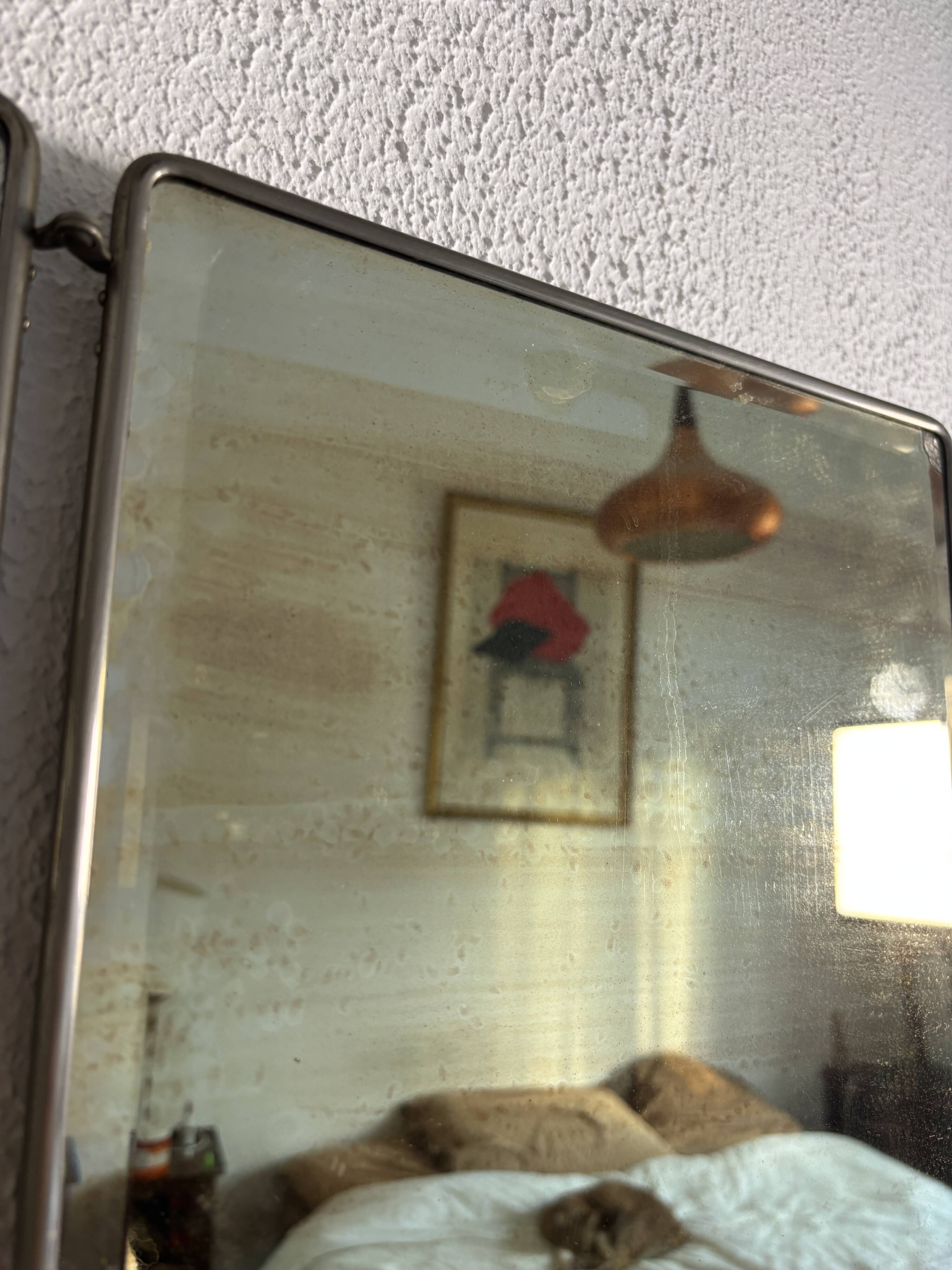 Vintage 1930s triptych barber mirror in black faux crocodile leather - 33 x 84 cm