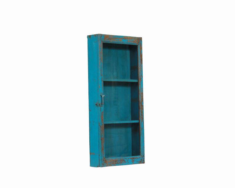 Vintage blue old teak wall display case patina and original piece from india