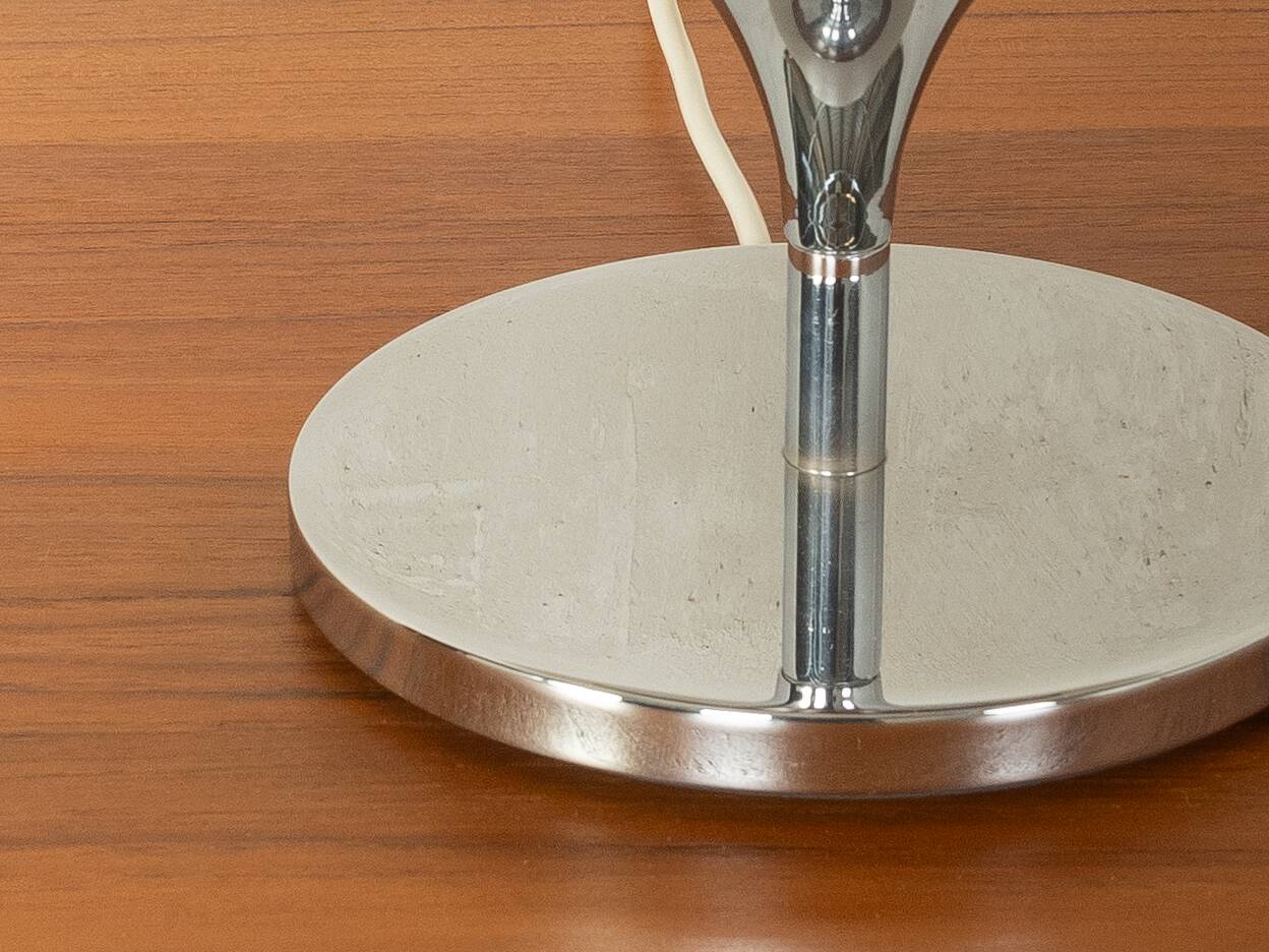 Kaiser Leuchten table lamp, 1970s, space age design, chrome and opal glass