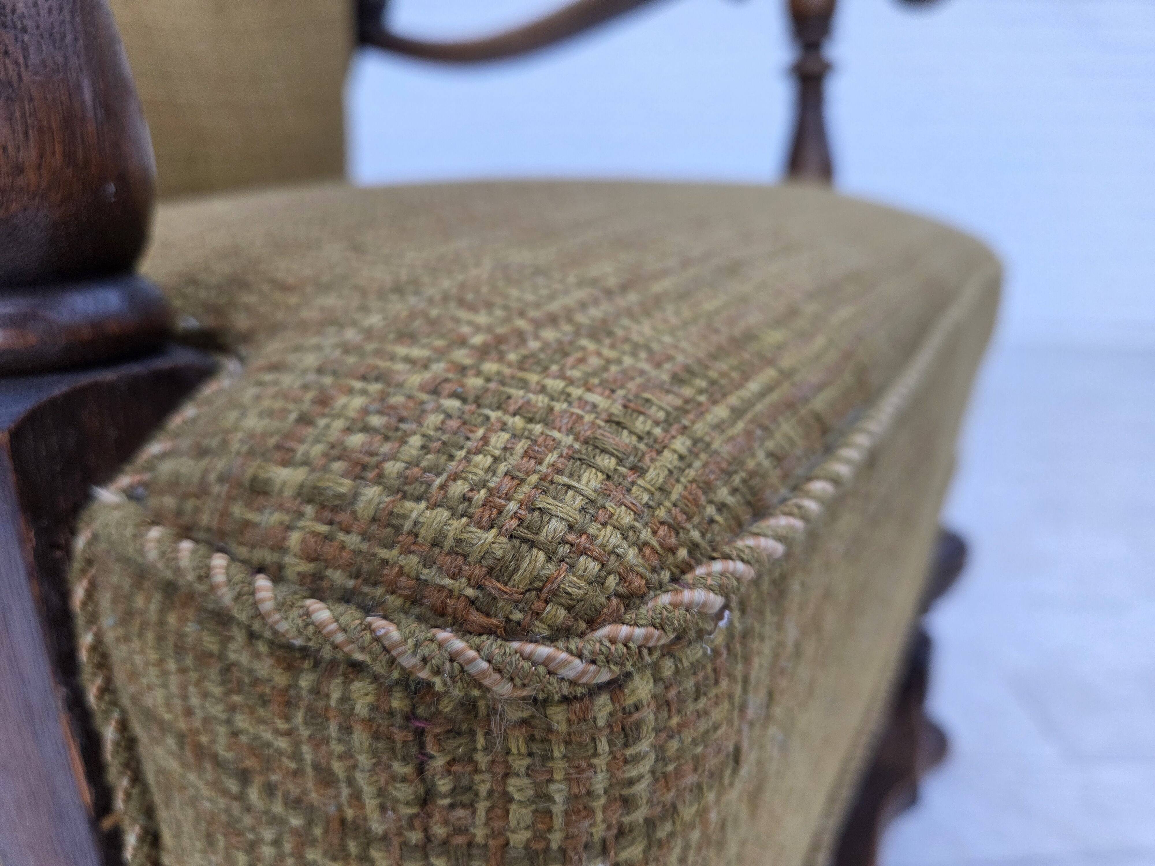 1960s, Danish armchair, original green furniture wool, carved oak wood,
