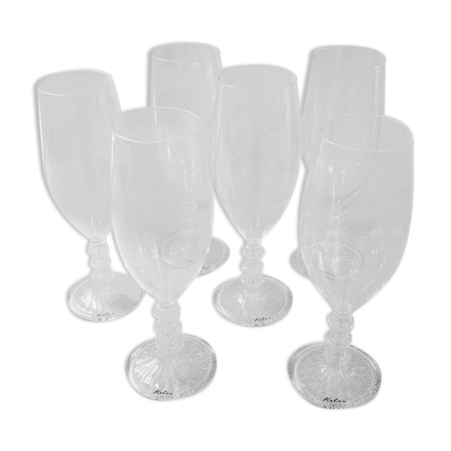 6 champagne flutes in blown glass
