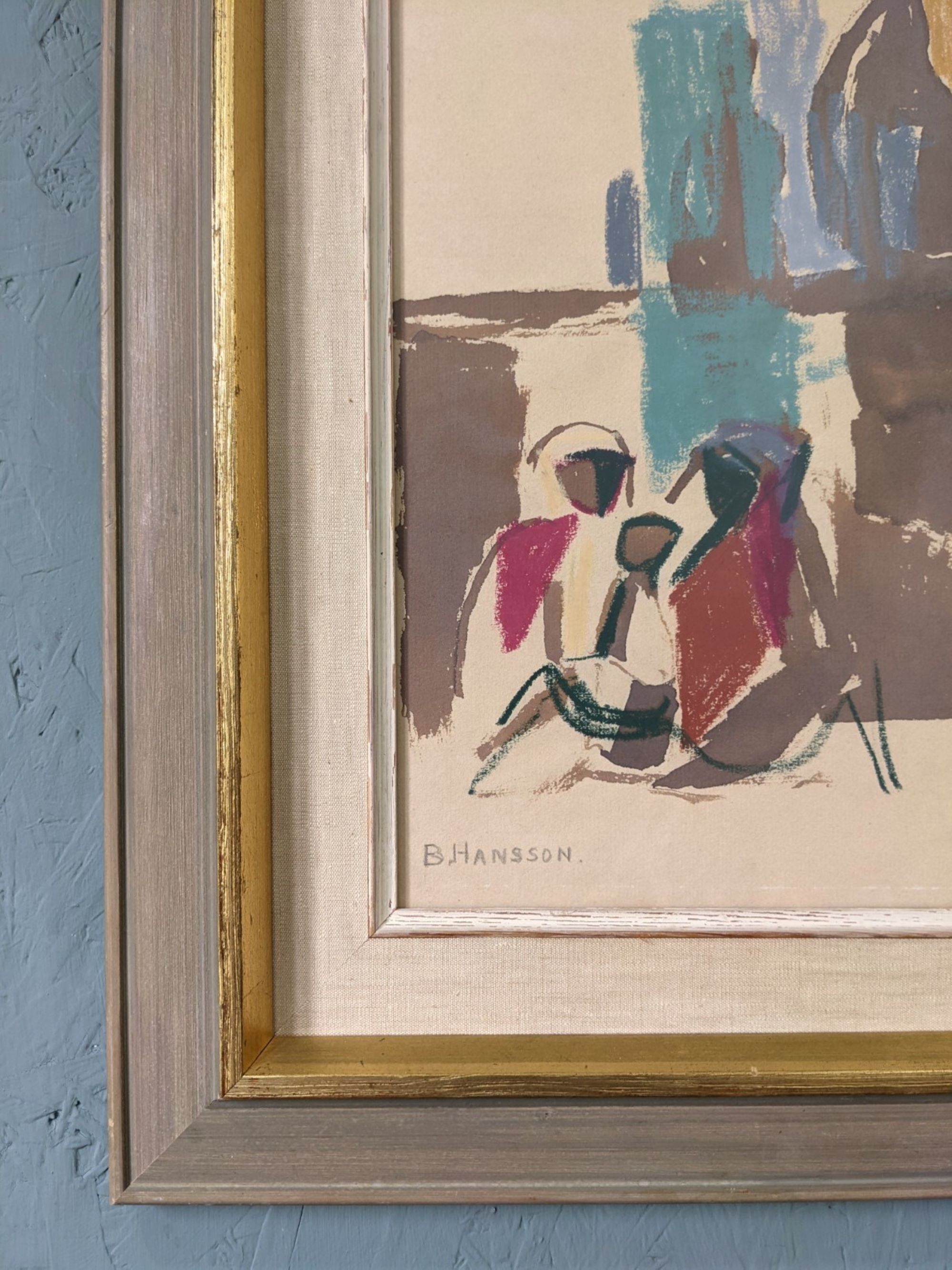 Mid-Century Modern Swedish "Seated Figures" Vintage Figurative Painting, Framed