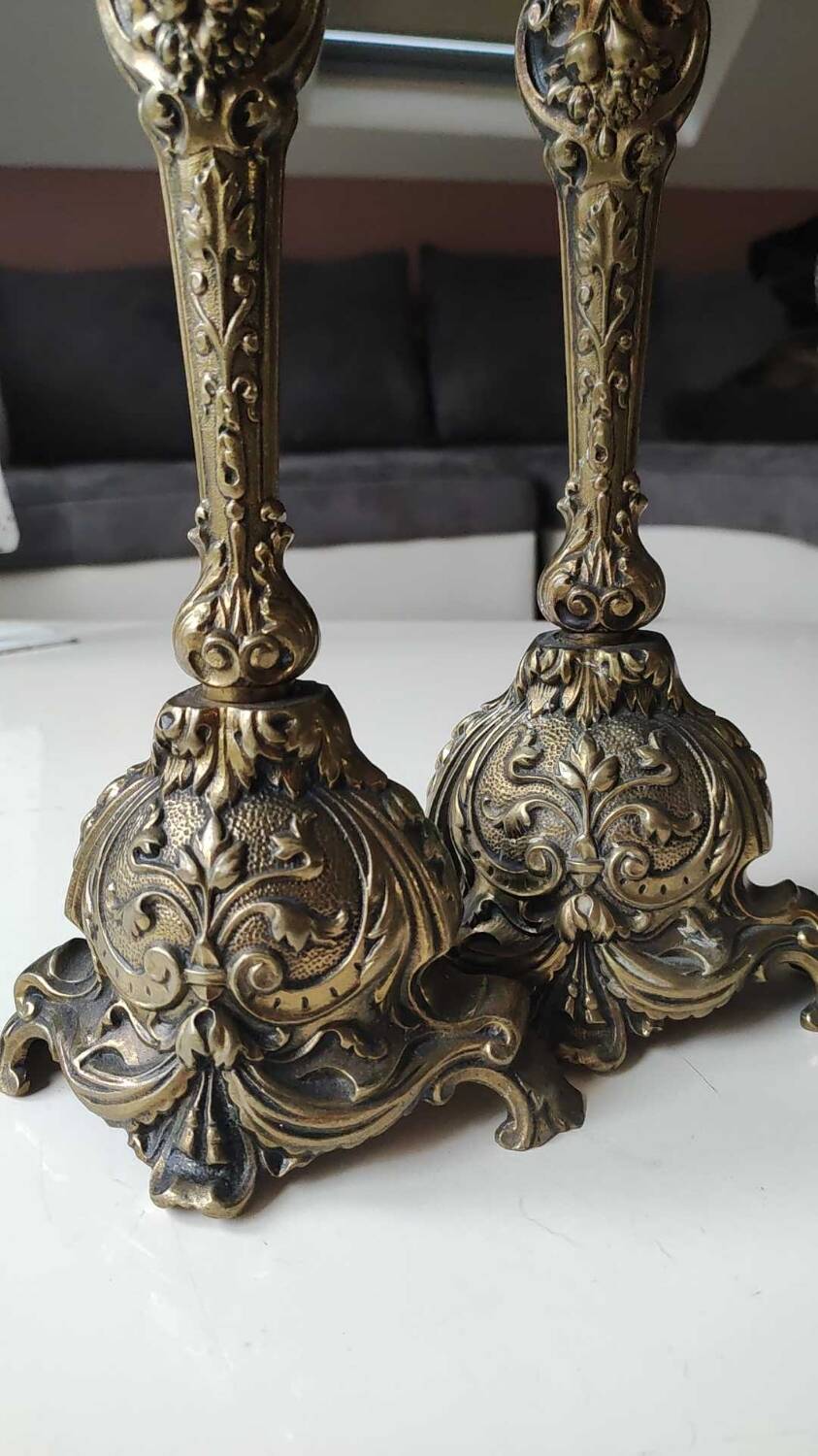 Pair of Antique Flambeaux Candlesticks/Baroque Style, Rocaille. In gilded bronze. 19th century