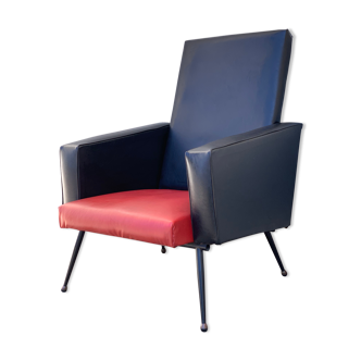 Vintage armchair with compass feet, Skaï, 1950s