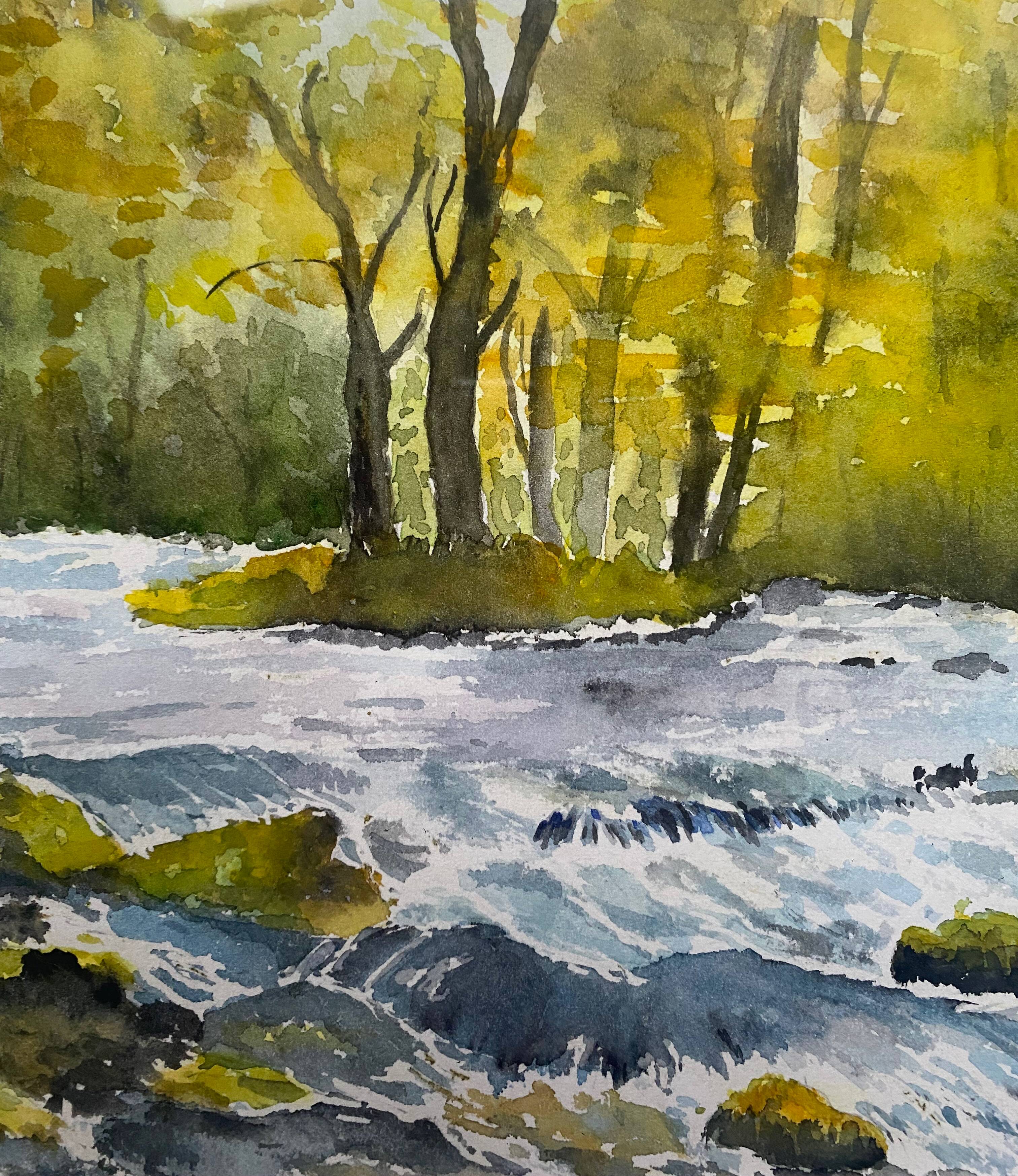 Watercolor painting "Tree-lined mountain river" by Blanot Wawrzyniak