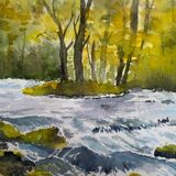 Tableau Aquarelle "Rivière de montagne arborée" par Blanot Wawrzyniak