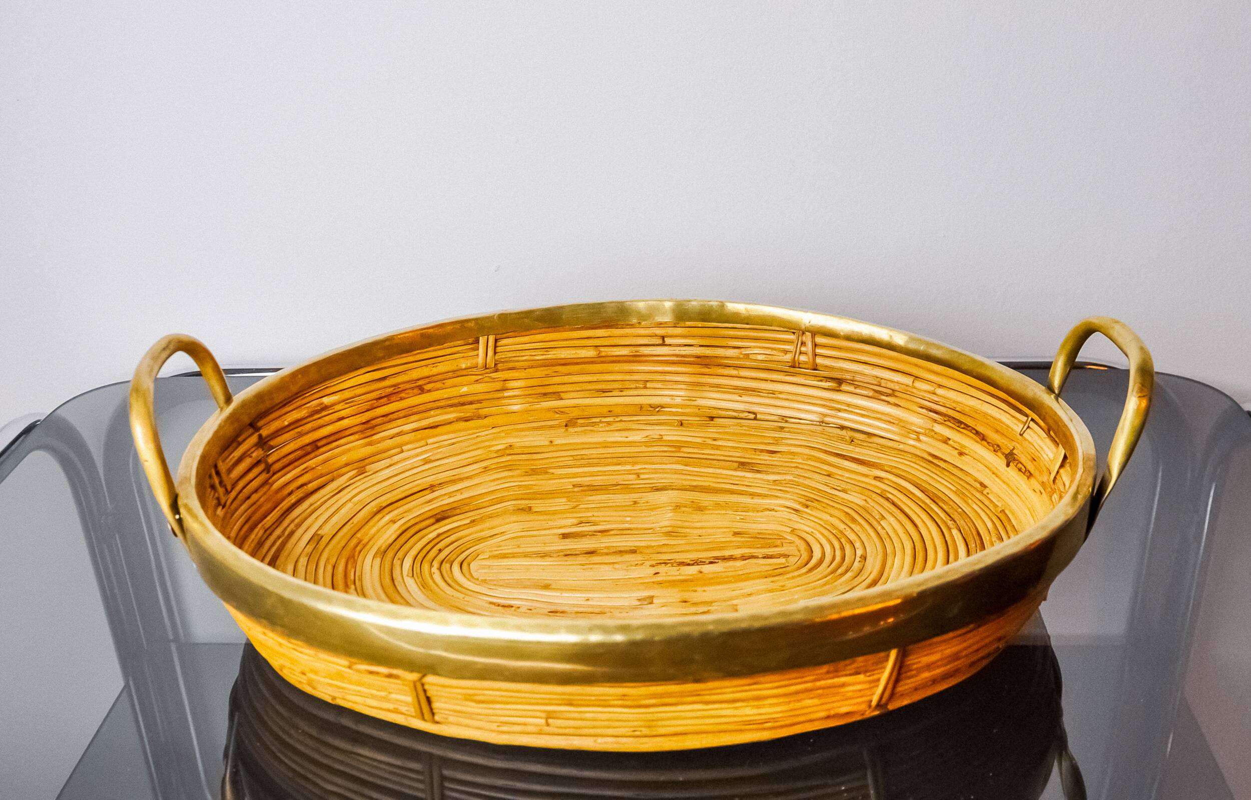 Rattan and brass tray, Italy, 1970