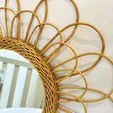 Round mirror flower sun in rattan wicker wood vintage 1960 1970 55 cm folk