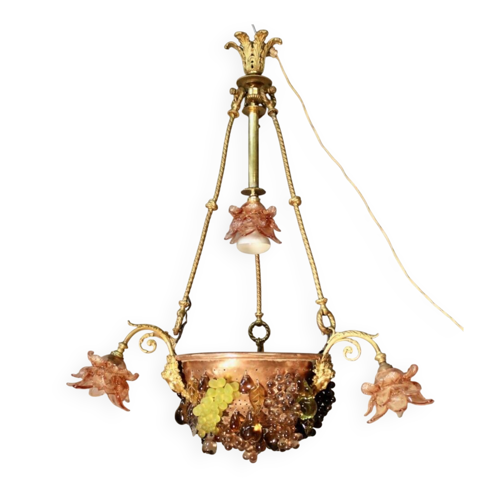 Bronze three-armed chandelier with a grape decoration.