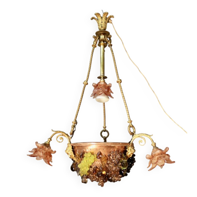 Lustre à 3 bras de lumière bronze à décor de raisins