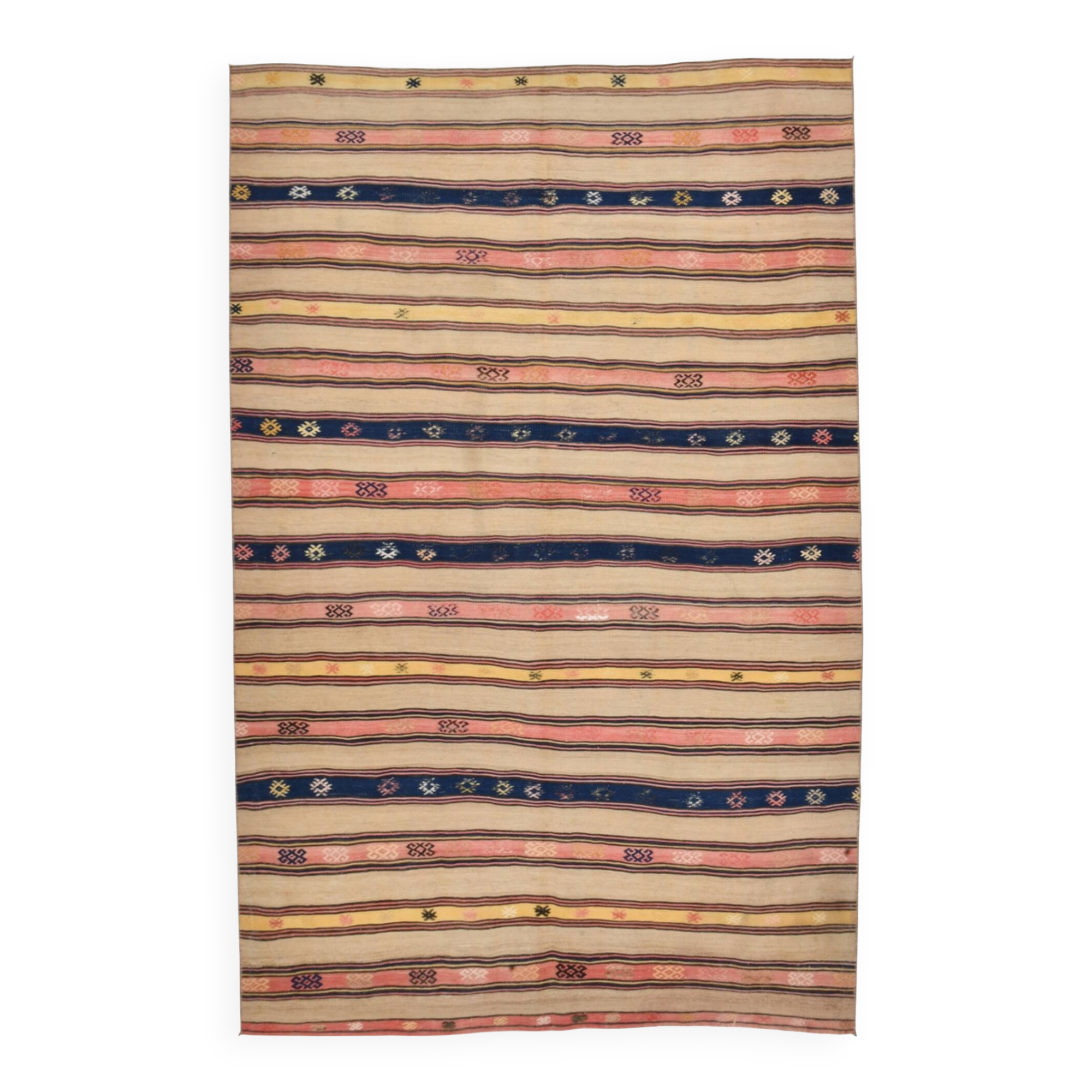 5x8 Cream & Navy Blue Striped Pattern Kilim Rug, 152x234Cm