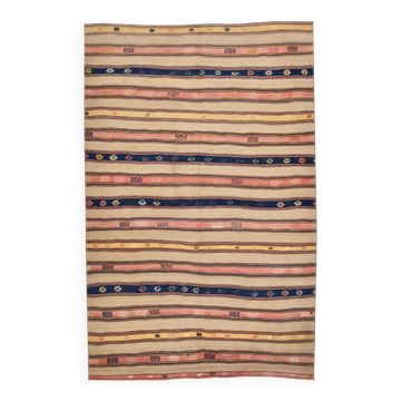 5x8 Cream & Navy Blue Striped Pattern Kilim Rug, 152x234Cm