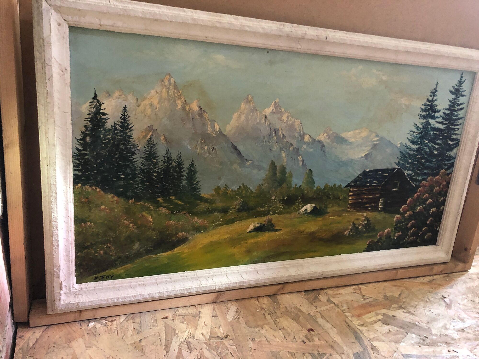 Old painting oil on panel p. FOY Mountain view + Frame Wood Vintage White