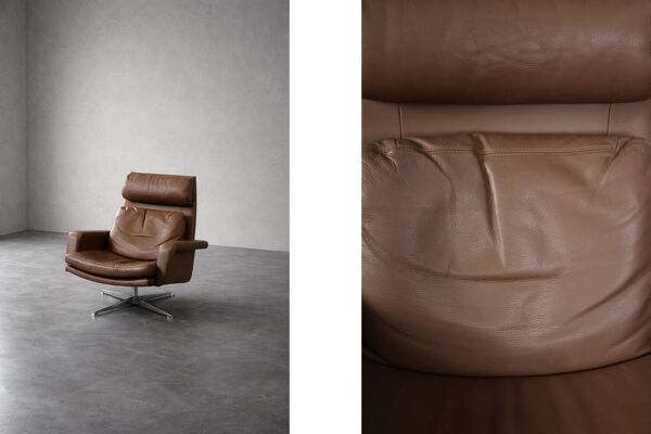 Vintage Mid-Century Danish Modern Brown Leather Swivel Chair & Ottoman