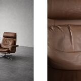 Vintage Mid-Century Danish Modern Brown Leather Swivel Chair and Ottoman