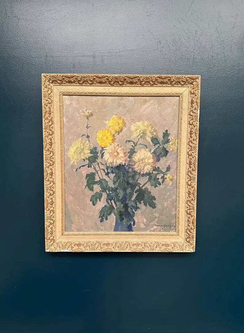 Original Swedish Oil on Panel – “Chrysanthemums” by Max Hellberg – Signed – Vintage & Framed – 68 × 58 cm (26.8" × 22.8")