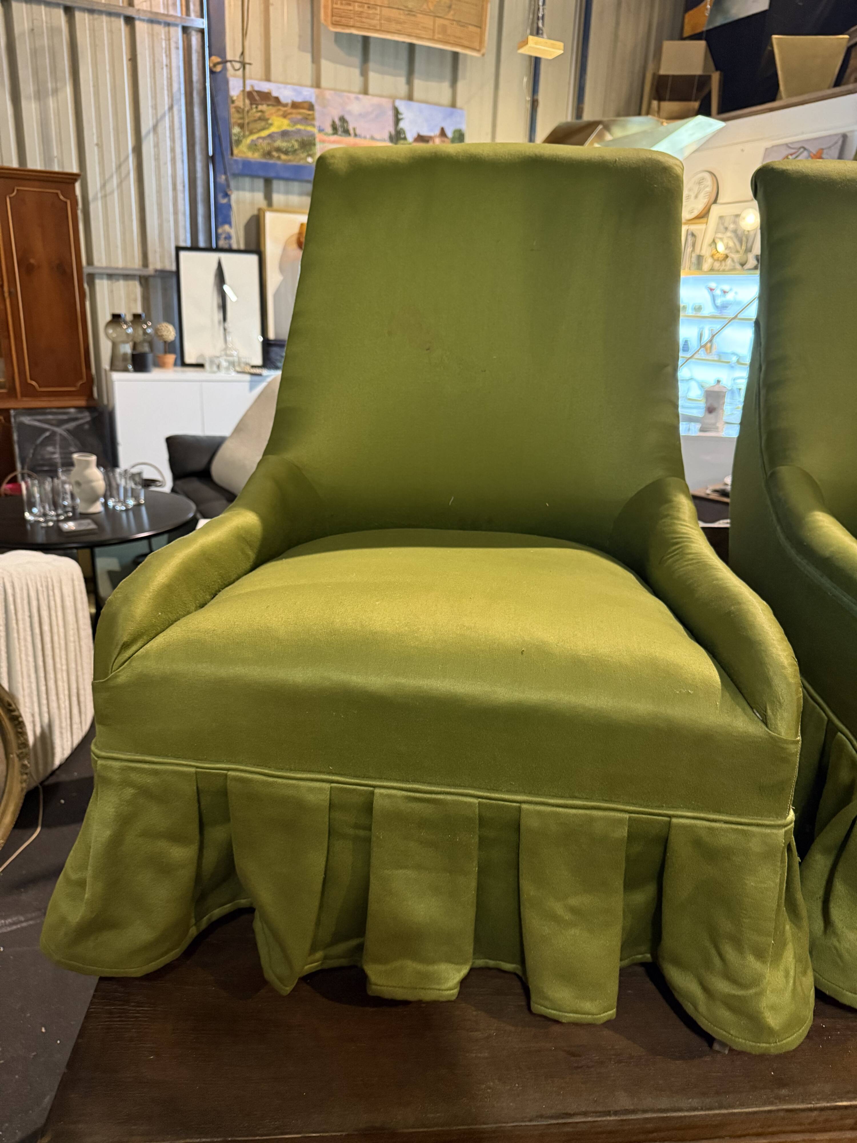 Pair of green fabric armchairs