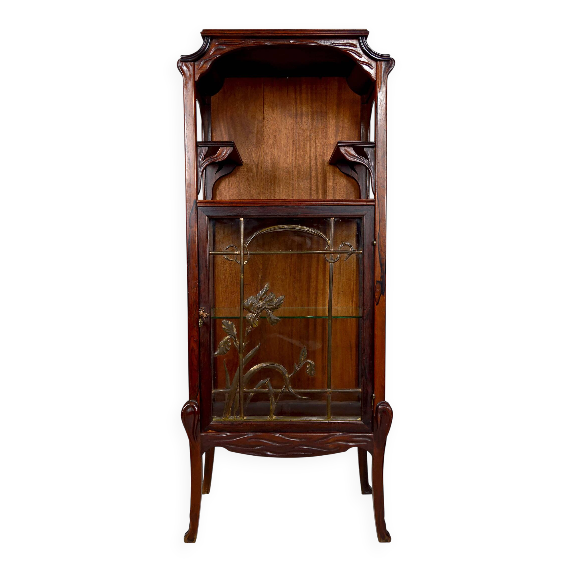 Art Nouveau Display Case, Bronzes and Carved Wood on a Lake Theme, 1900