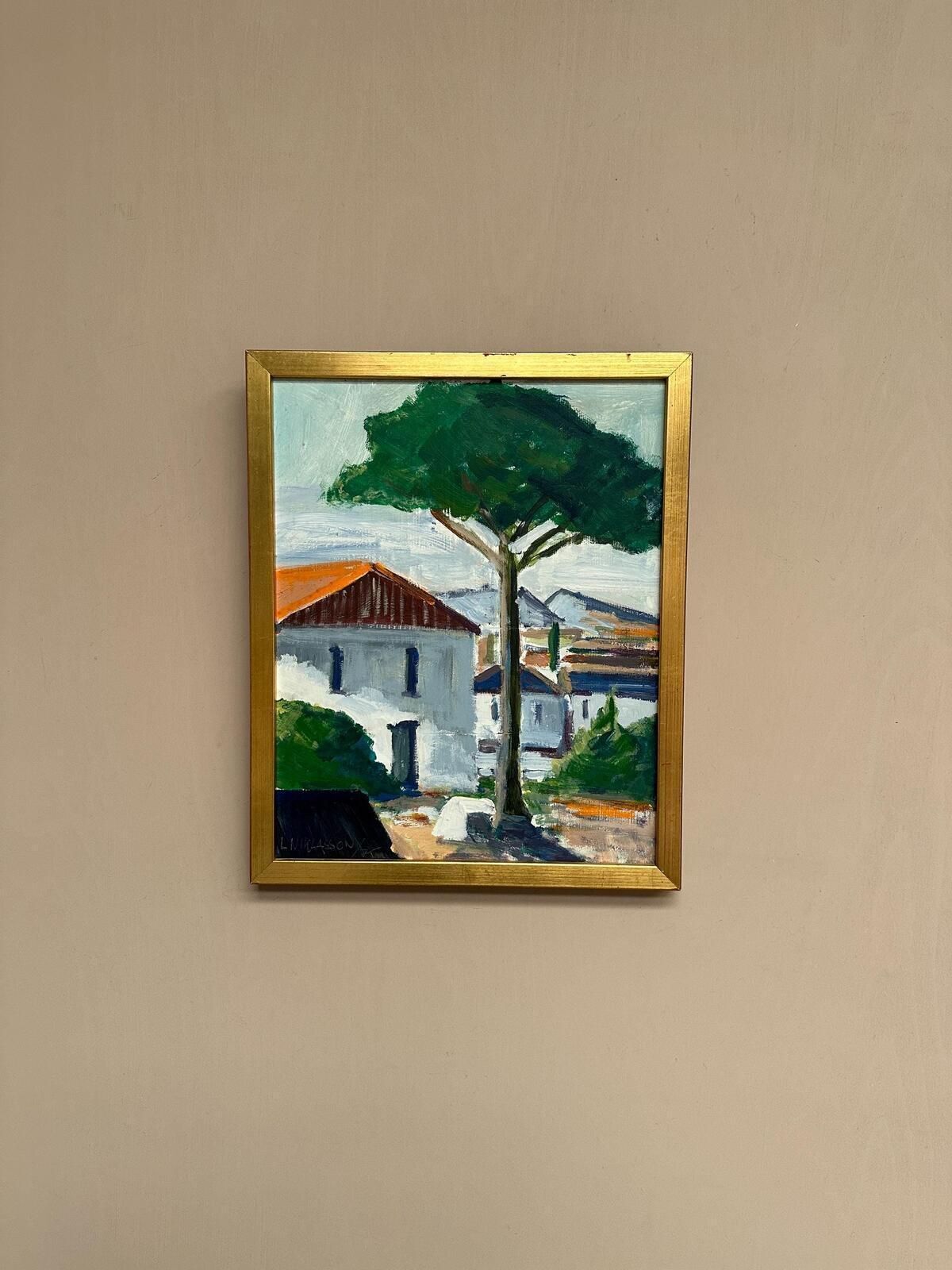 Swedish Oil on Panel – “Tree by the House” by L. Niklasson – Dated 1975 – V
