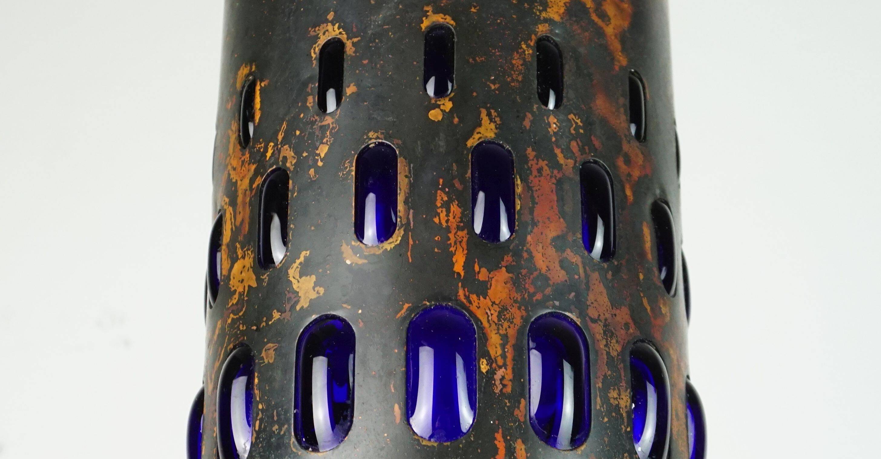 mid century modern PENDANT LAMP flamed copper and blue glass 1960s