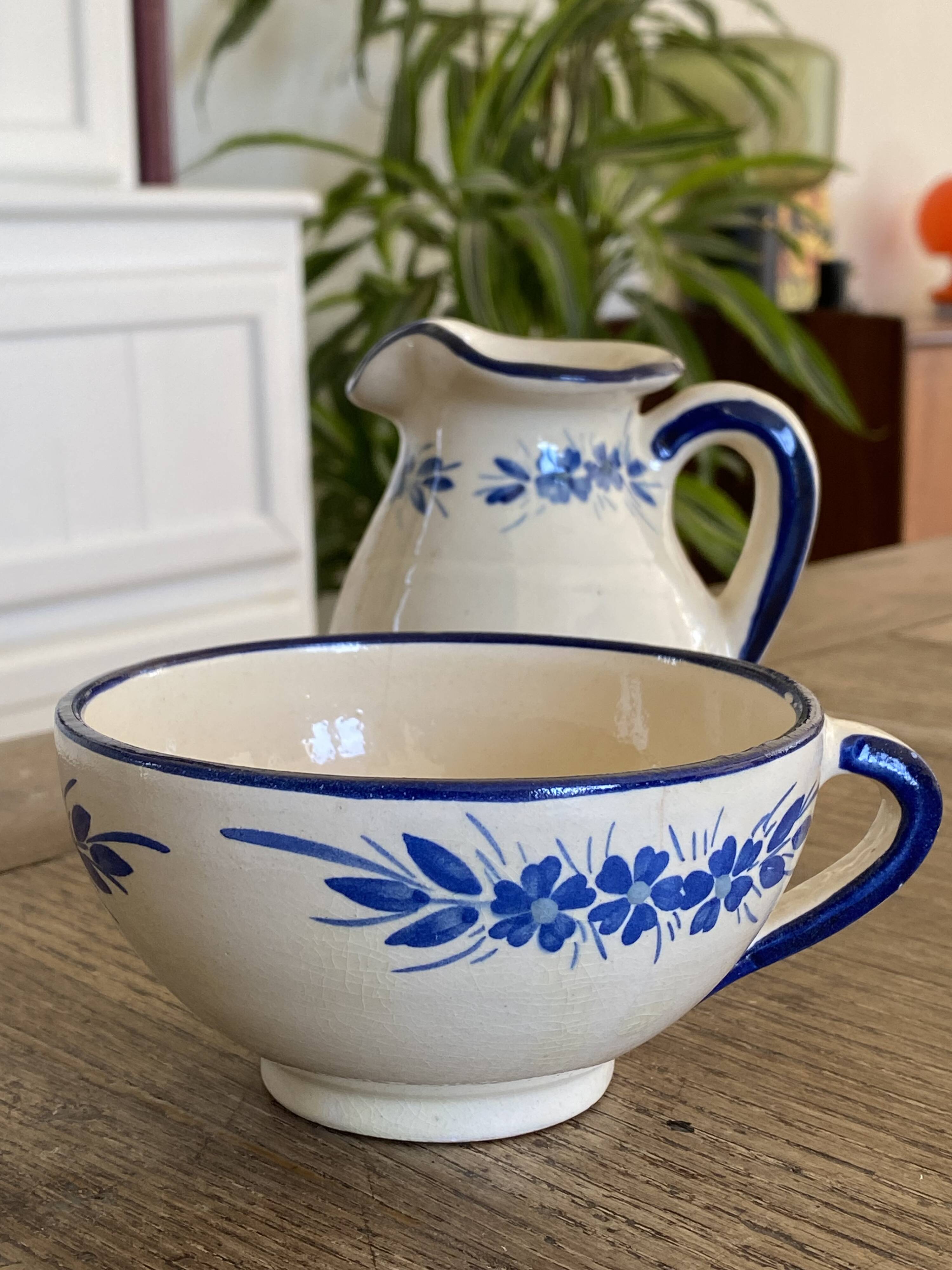 Handcrafted ceramic pitcher and bowl signed – blue decor – vintage tableware