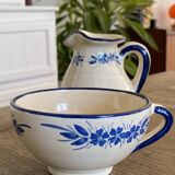 Handcrafted ceramic pitcher and bowl signed – blue decor – vintage tableware