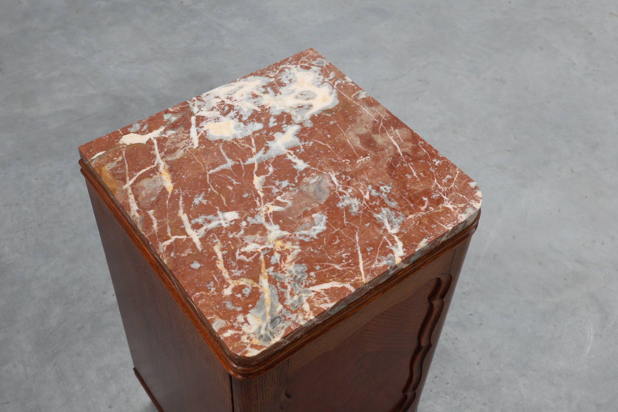 Pair of Art Deco nightstands in oak with marble top, France ca. 1925