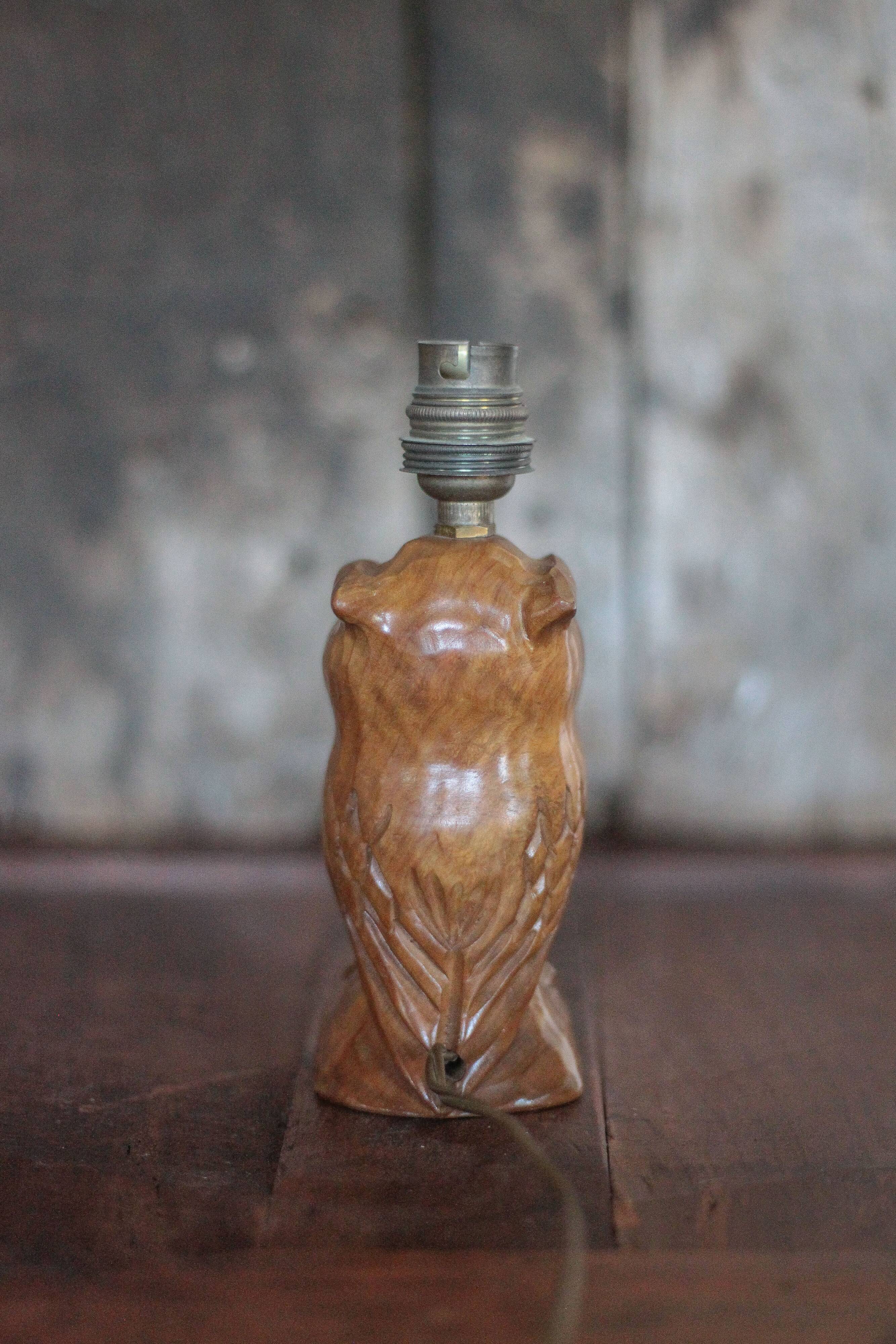 Wooden owl-shaped lamp, vintage owl, zoomorphic lamp, interior decoration.