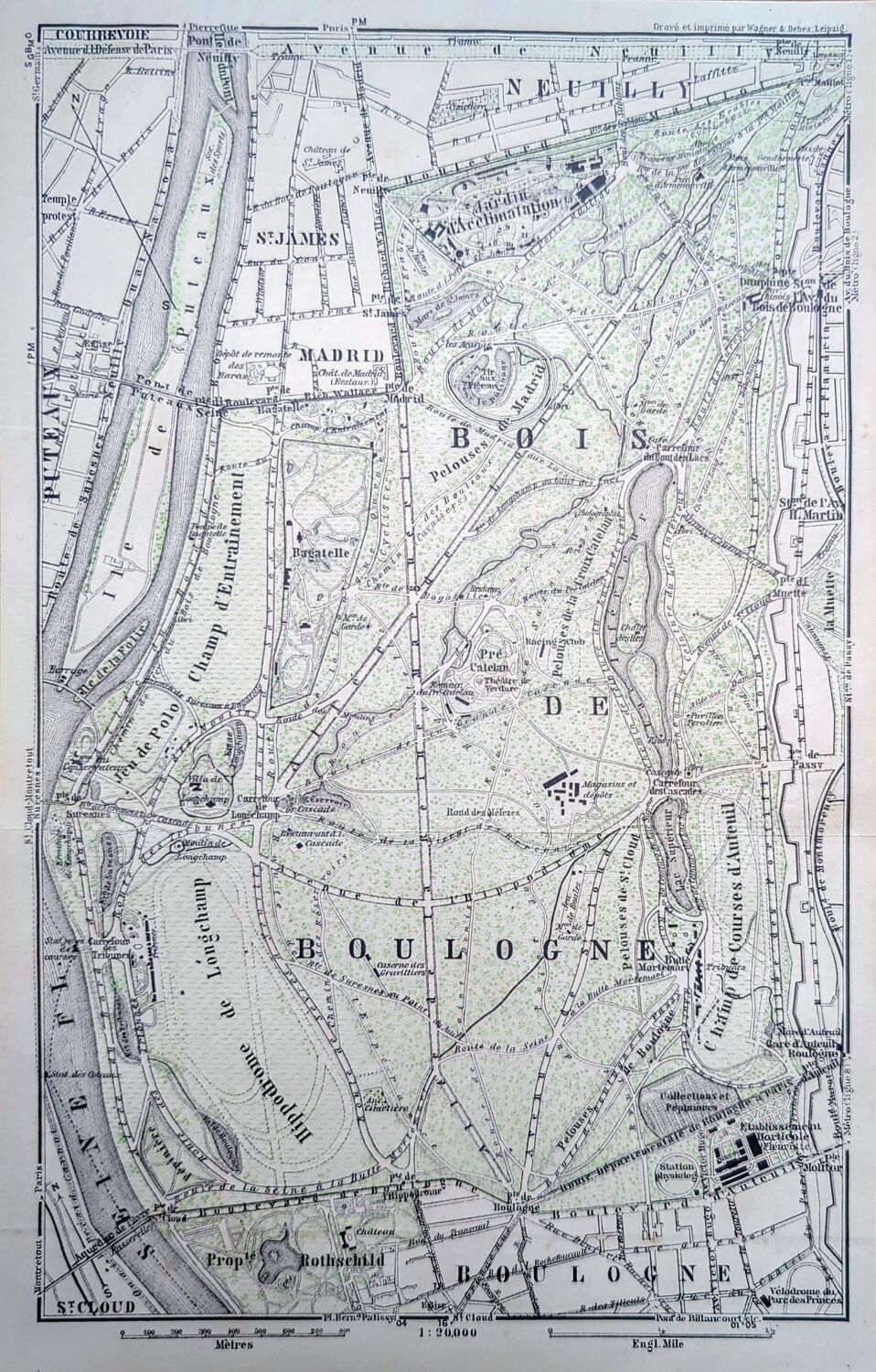 Bois de Boulogne, old map, printed in 1914.
