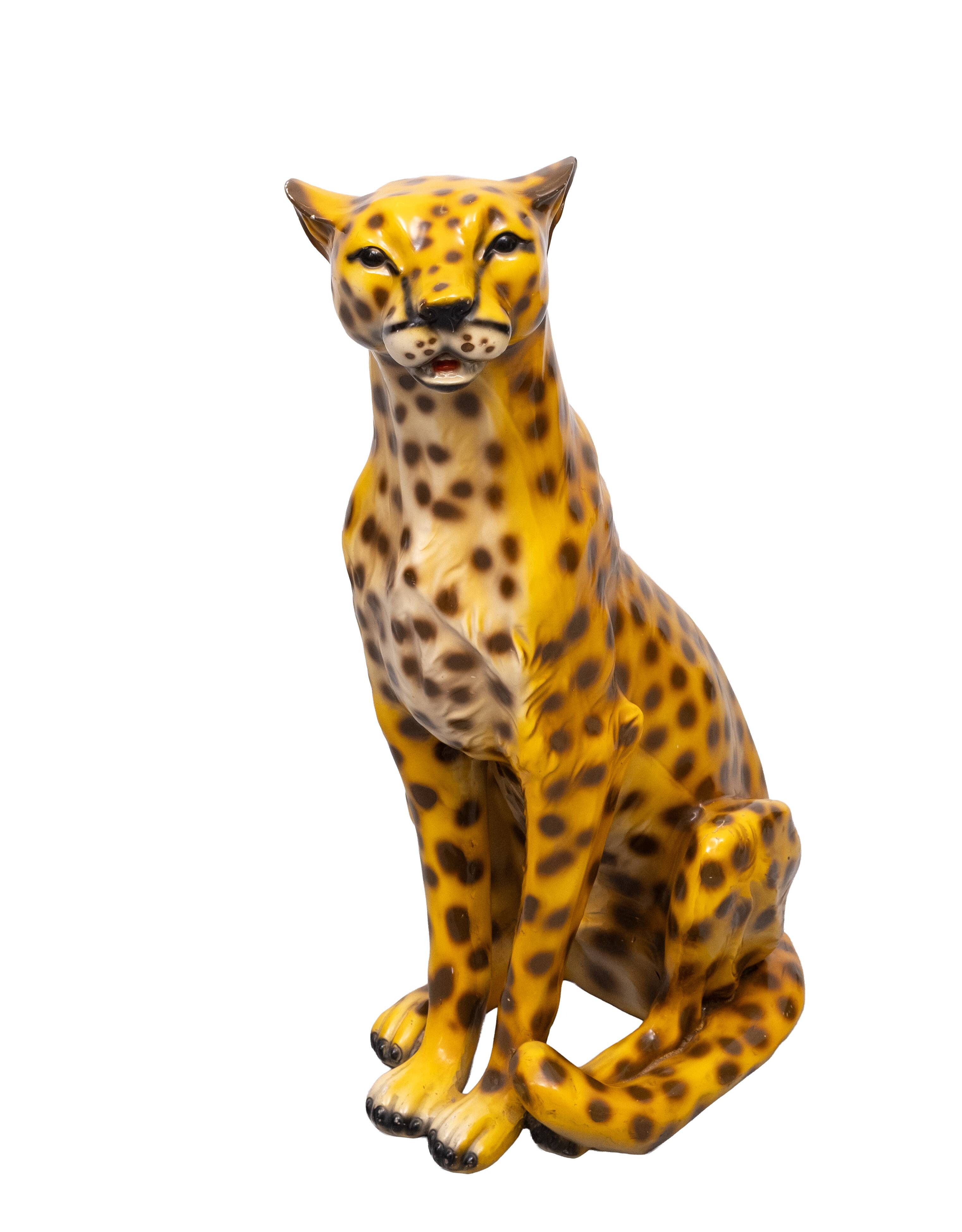 Italian Ceramic Monumental Cheetah Big Cat Statue 1970s