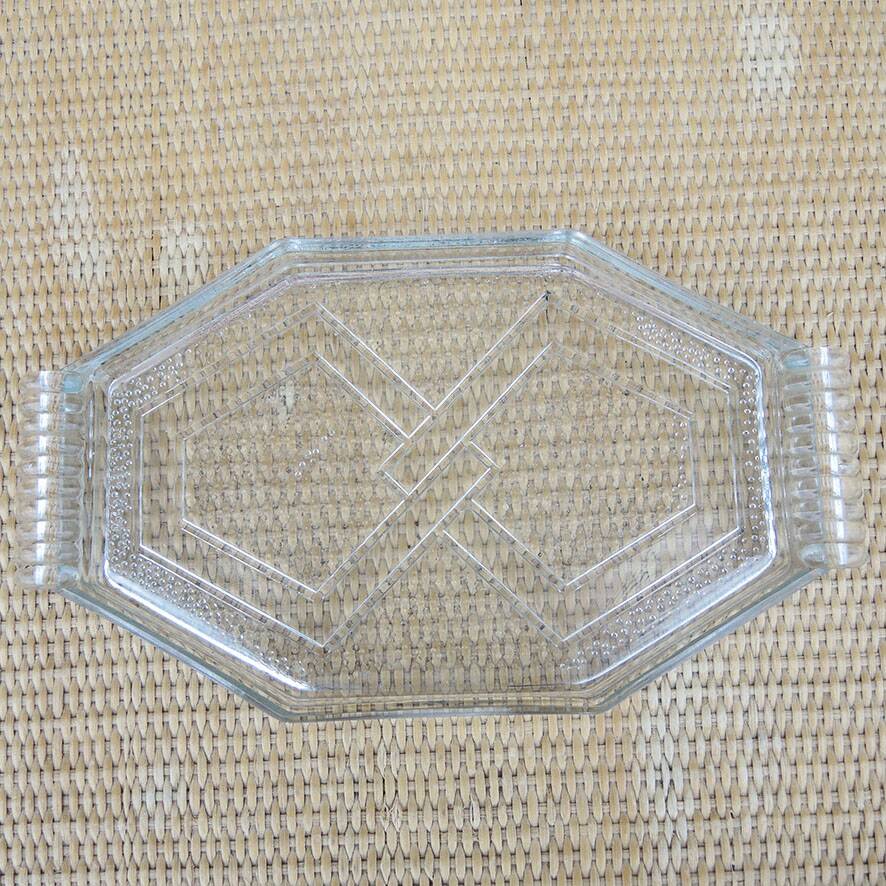 Vintage transparent glass platter in Art Deco style.