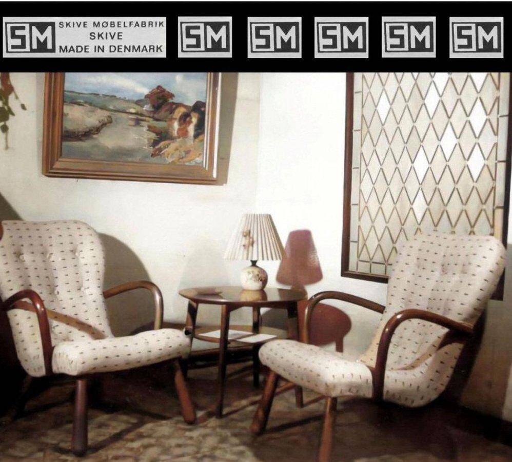 Pair of clam chairs in lambswool, Skive Møbelfabrik, Denmark, 1950s