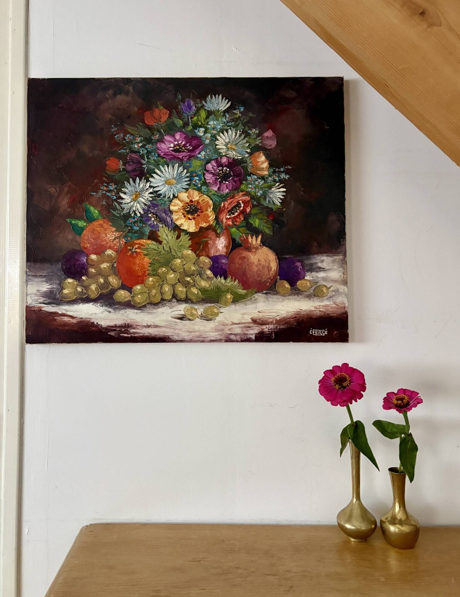 Old painting, still life of flowers and fruits.