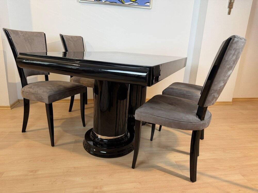 Art Deco dining table in black piano lacquer & metal, 1930