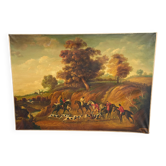 Tableau chasse à cour huile sur toile