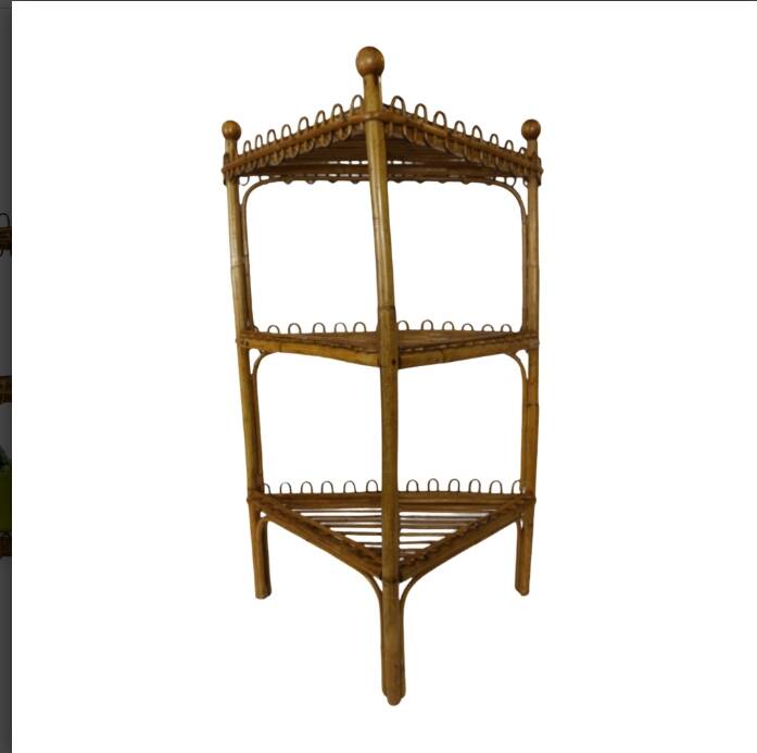 Étagère d'angle sur pied en bambou et rotin