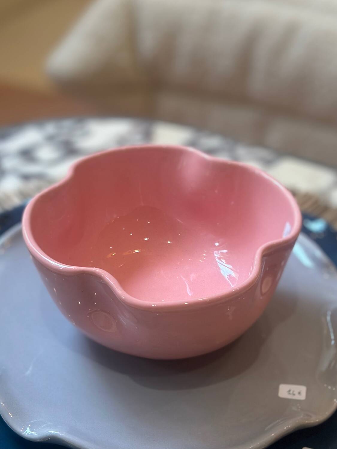 Handmade enameled ceramic bowl with pink clover flower Barbapapa