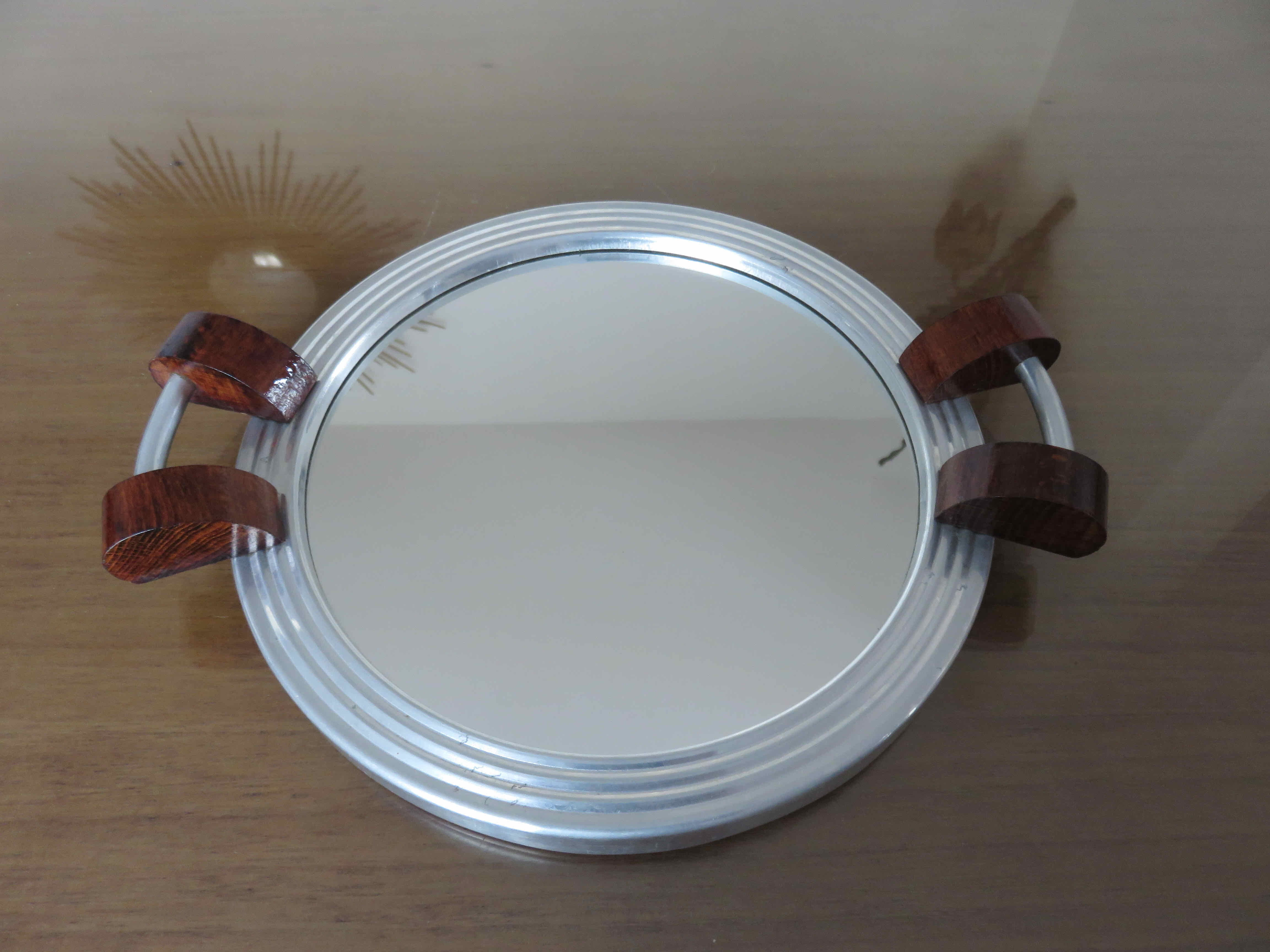 Plateau miroir en palissandre et aluminium Art Deco années 40 50