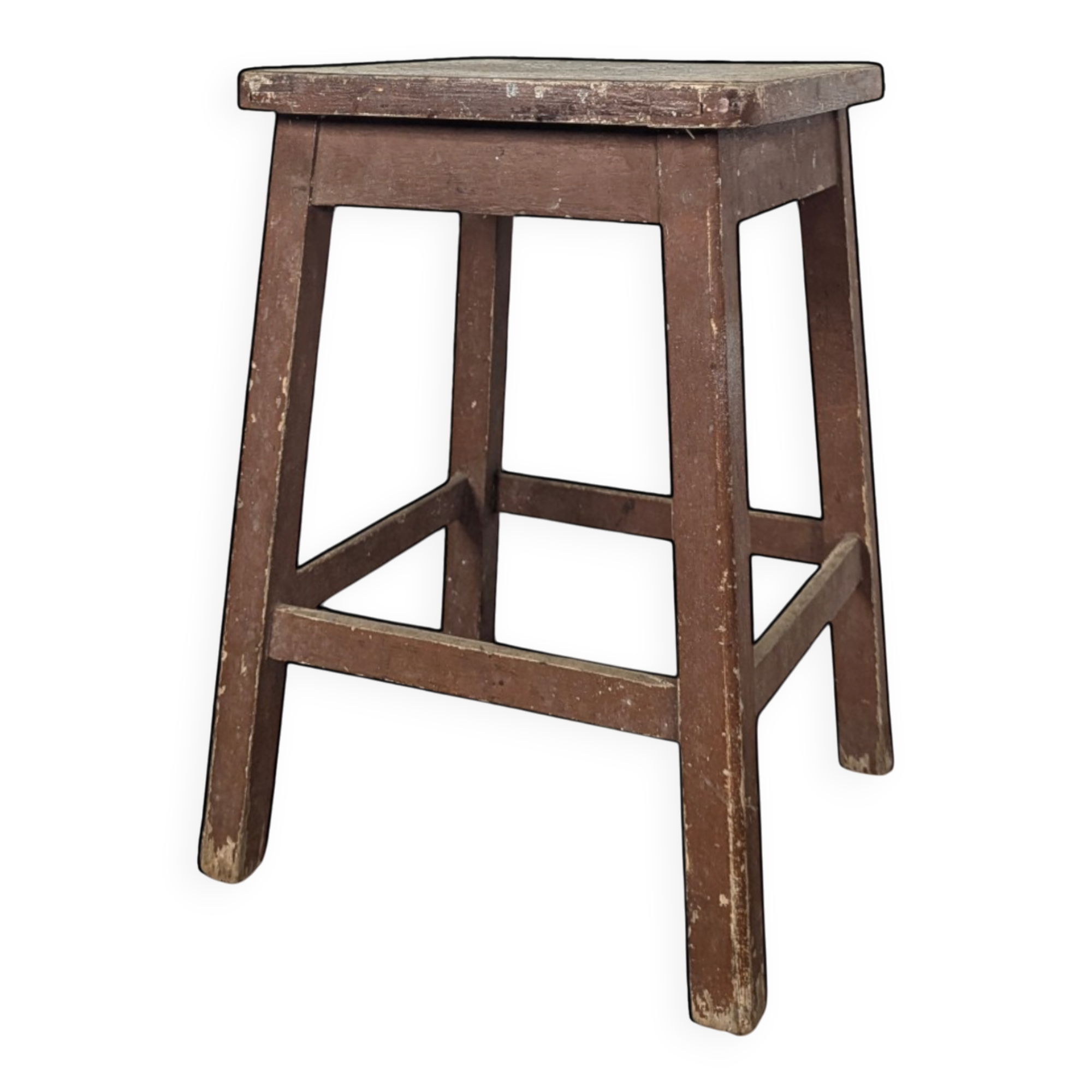 Brown painted wooden workshop stool with a patinated top.