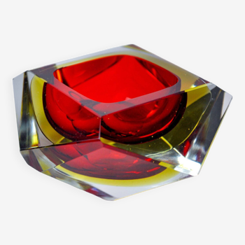 Cendrier Sommerso rouge et jaune par seguso, verre facetté, murano, italie, 1970