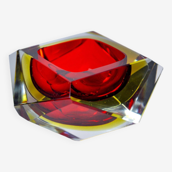 Sommerso red and yellow ashtray by seguso, faceted glass, murano, italy, 1970