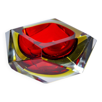 Sommerso red and yellow ashtray by seguso, faceted glass, murano, italy, 1970