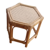 Hexagonal coffee table, vintage 1980s, bamboo and woven rattan. Handmade.