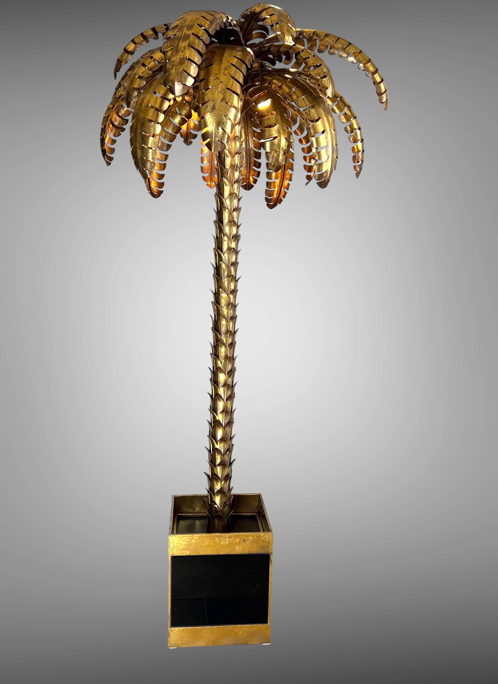 "jansen" style lamp in the shape of a palm tree in golden metal, 181 cm tall