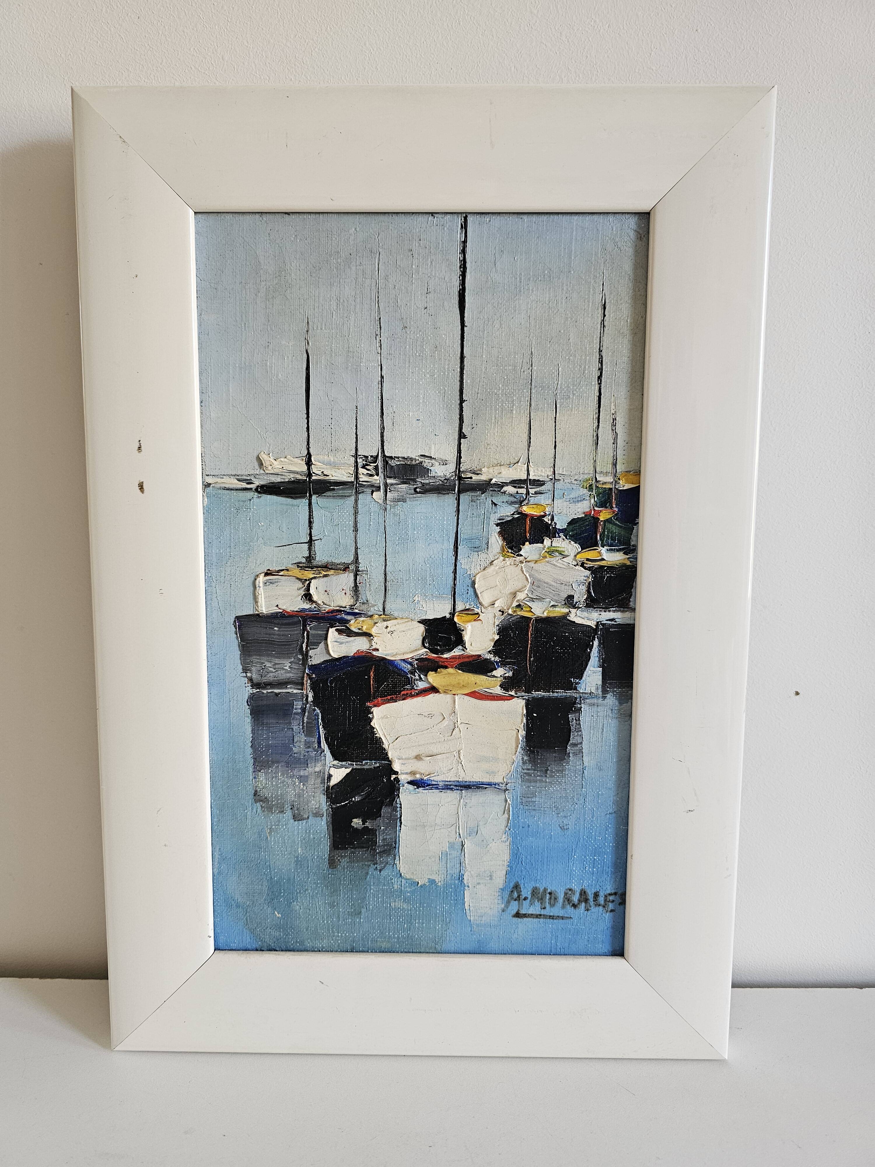 Oil on Canvas Painting Marine Landscape Sailboats at Anchor Signed Morales