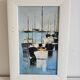 Oil on Canvas Painting Marine Landscape Sailboats at Anchor Signed Morales