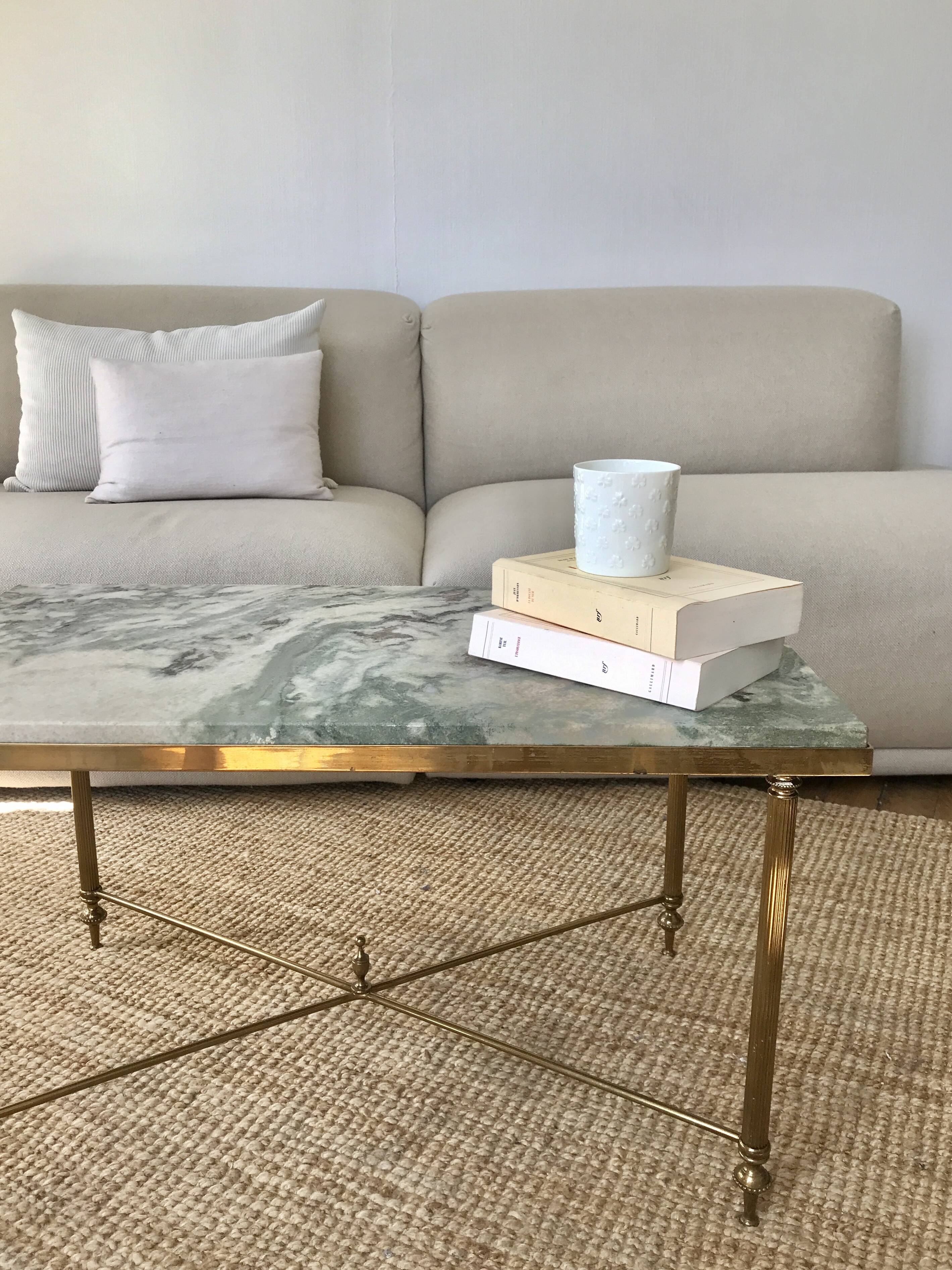 Coffee table in brass and green marble
