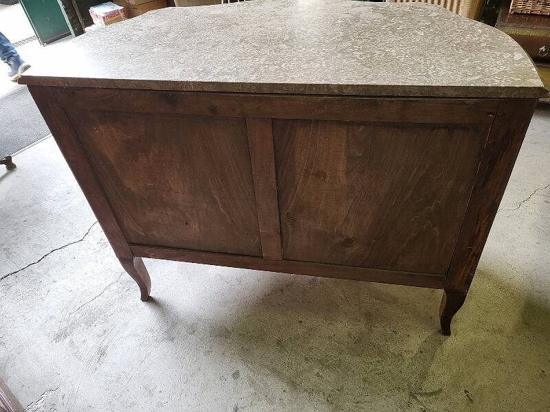 Curved chest of drawers in rosewood and marble marquetry