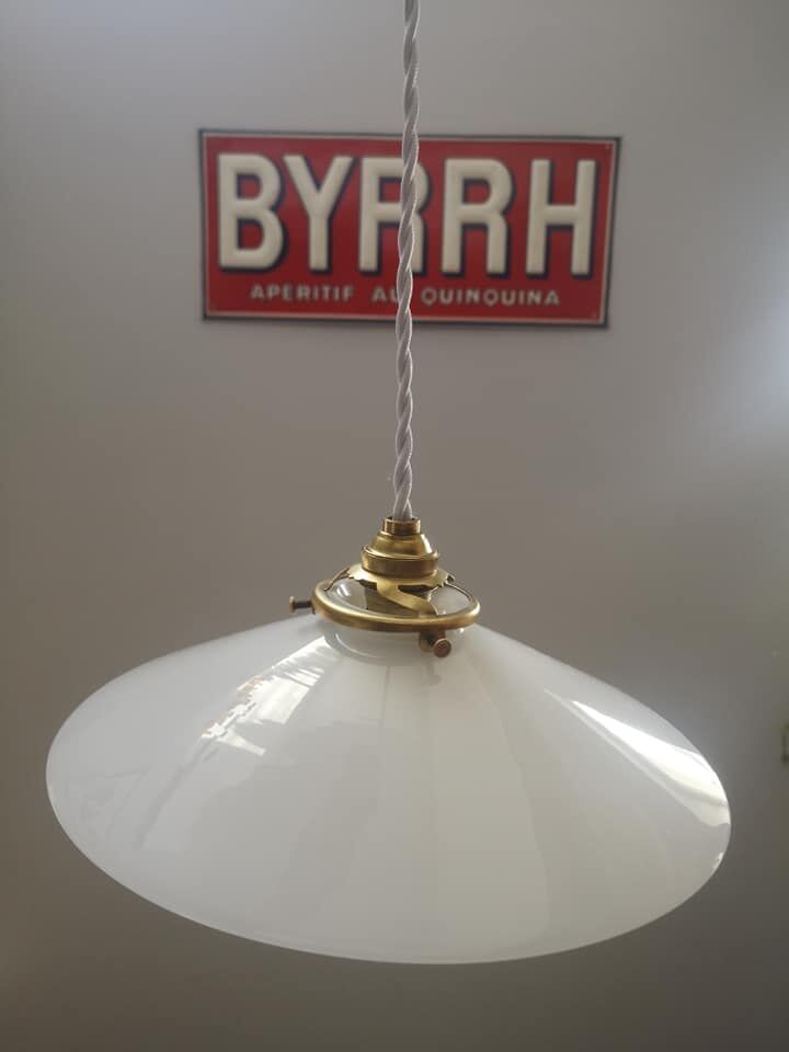 Suspension abat jour ancienne opaline blanche lisse esprit baladeuse Art déco 1930 TBE ø 25 cm